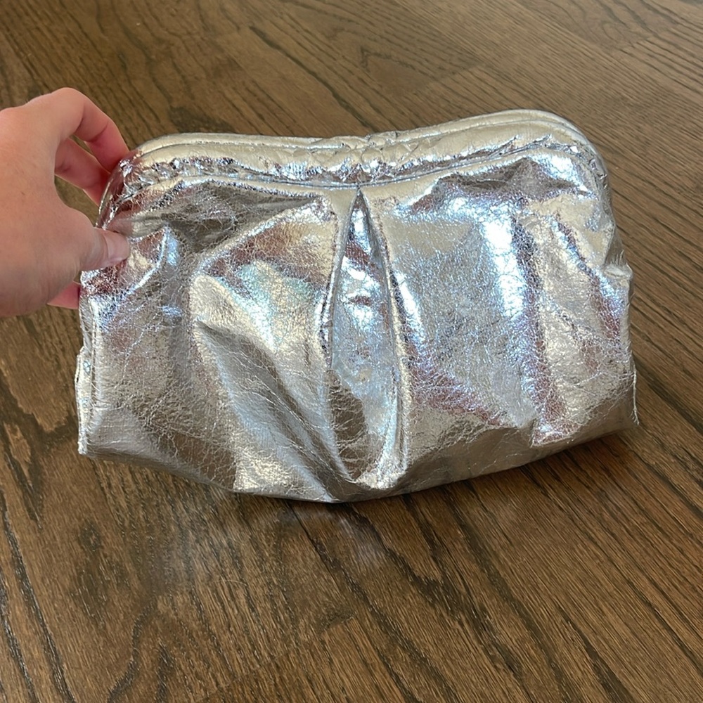 Silver ruched faux leather clutch!